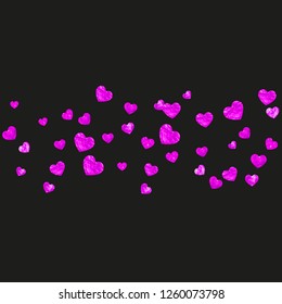 Bridal shower background with pink glitter hearts. Valentine day. Vector confetti. Hand drawn. Love theme for poster, gift certificate, banner. Wedding and bridal shower template with heart