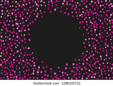 Bridal shower background with pink glitter hearts. Valentine day. Vector confetti. Hand drawn. Love theme for poster, gift certificate, banner. Wedding and bridal shower template with heart