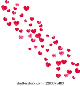 Bridal shower background with pink glitter hearts. Valentine day. Vector confetti. Hand drawn. Love theme for gift coupons, vouchers, ads, events. Wedding and bridal shower template with heart