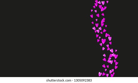 Bridal shower background with pink glitter hearts. Valentine day. Vector confetti. Hand drawn. Love theme for gift coupons, vouchers, ads, events. Wedding and bridal shower template with heart