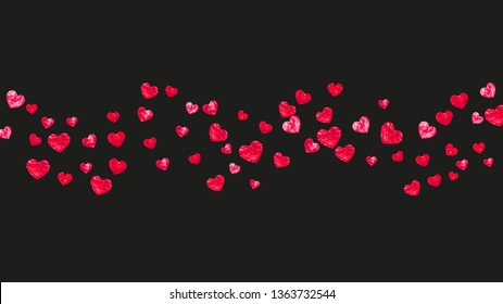 Bridal shower background with pink glitter hearts. Valentine day. Vector confetti. Hand drawn. Love theme for flyer, special business offer, promo. Wedding and bridal shower template with heart