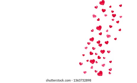 Bridal shower background with pink glitter hearts. Valentine day. Vector confetti. Hand drawn. Love theme for voucher, special business banner. Wedding and bridal shower template with heart
