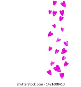 Bridal shower background with pink glitter hearts. Valentine day. Vector confetti. Hand drawn. Love theme for party invite, retail offer and ad. Wedding and bridal shower template with heart