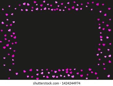 Bridal shower background with pink glitter hearts. Valentine day. Vector confetti. Hand drawn. Love theme for poster, gift certificate, banner. Wedding and bridal shower template with heart