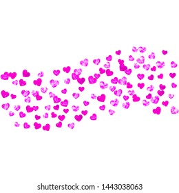 Bridal shower background with pink glitter hearts. Valentine day. Vector confetti. Hand drawn. Love theme for flyer, special business offer, promo. Wedding and bridal shower template with heart