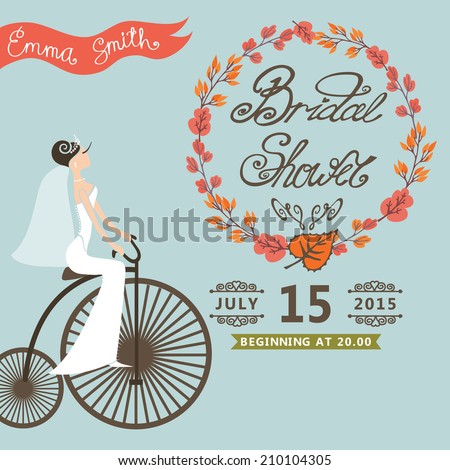  Bridal shower card with  bride on retro bicycle  and autumn wreath.Vintage wedding invitation.Fashion vector Illustration