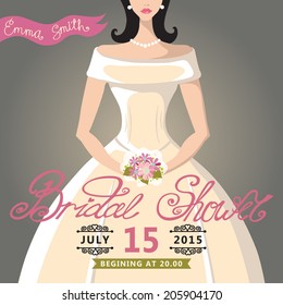  Bridal shower card with bride in wedding dress.Vintage wedding invitation.Fashion vector Illustration