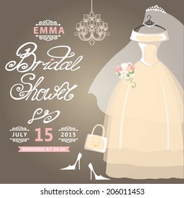 Bridal shower card.The composition of wedding dresses ,Bridal veil, bouquet,handbags and high heel shoes.Vintage wedding invitation.Fashion vector Illustration