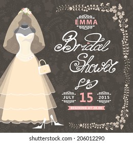  Bridal shower card.The composition of wedding dress,Bridal veil,handbags and high heel shoes Vintage floral pattern.Cute wedding invitation.Fashion vector Illustration