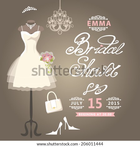  Bridal shower card.The composition of wedding dresses ,Bridal veil, bouquet,handbags and high heel shoes.Cute wedding invitation.Fashion vector Illustration
