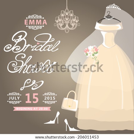  Bridal shower card.The composition of wedding dresses ,Bridal veil, bouquet,handbags and high heel shoes.Vintage wedding invitation.Fashion vector Illustration
