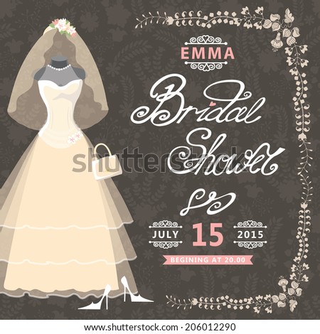  Bridal shower card.The composition of wedding dress,Bridal veil,handbags and high heel shoes Vintage floral pattern.Cute wedding invitation.Fashion vector Illustration
