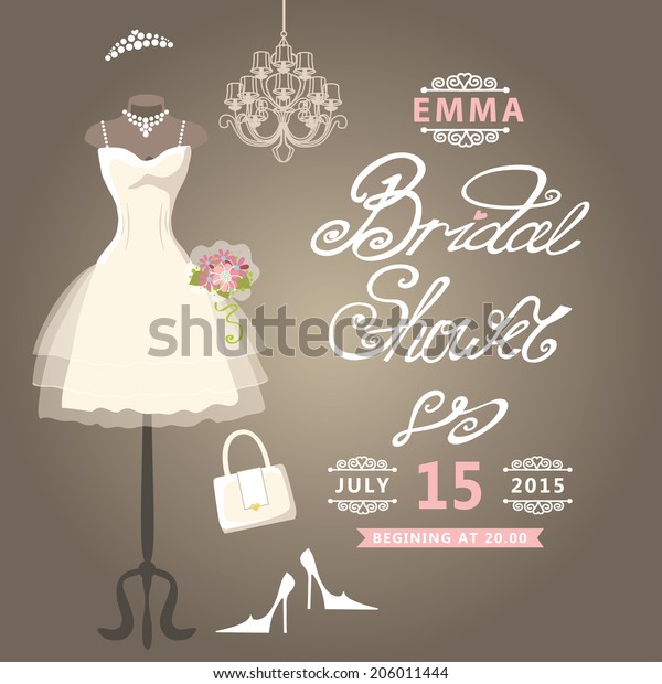  Bridal shower
card.The composition of wedding dresses ,Bridal veil,
bouquet,handbags and high heel shoes.Cute wedding
invitation.Fashion vector
Illustration