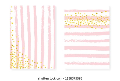 Bridal shower card with dots and sequins. Wedding invitation set with gold glitter confetti. Vertical stripes background. Retro bridal shower card for party, event, save the date flyer.