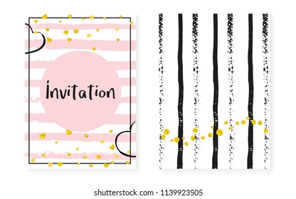 Bridal shower card with dots and sequins. Wedding invitation set with gold glitter confetti. Vertical stripes background. Hipster bridal shower card for party, event, save the date flyer.