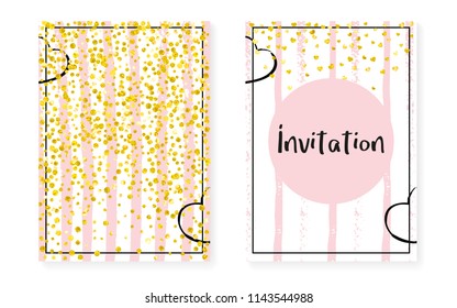 Bridal shower card with dots and sequins. Wedding invitation set with gold glitter confetti. Vertical stripes background. Luxury bridal shower card for party, event, save the date flyer.