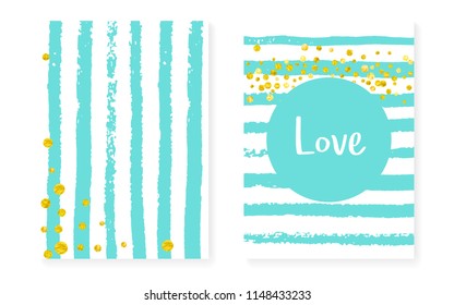 Bridal shower card with dots and sequins. Wedding invitation set with gold glitter confetti. Vertical turquoise stripes background. Fashion bridal shower card for party, event, save the date flyer
