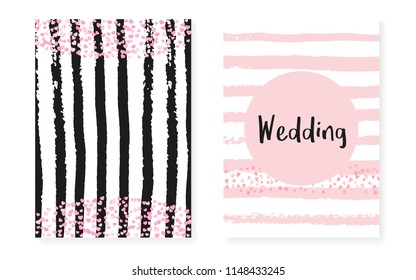 Bridal shower card with dots and sequins. Wedding invitation set with pink glitter confetti. Vertical stripes background. Hipster bridal shower card for party, event, save the date flyer.