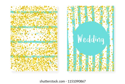 Bridal shower card with dots and sequins. Wedding invitation set with gold glitter confetti. Vertical turquoise stripes background. Elegant bridal shower card for party, event, save the date flyer