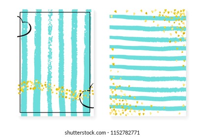 Bridal shower card with dots and sequins. Wedding invitation set with gold glitter confetti. Vertical mint stripes background. Elegant bridal shower card for party, event, save the date flyer