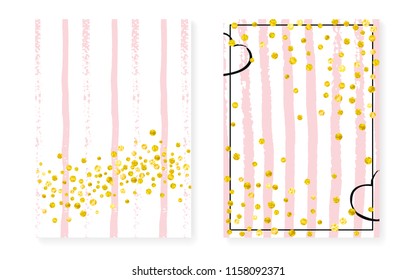 Bridal shower card with dots and sequins. Wedding invitation set with gold glitter confetti. Vertical stripes background. Vintage bridal shower card for party, event, save the date flyer.