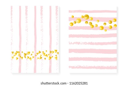 Bridal shower card with dots and sequins. Wedding invitation set with gold glitter confetti. Vertical stripes background. Luxury bridal shower card for party, event, save the date flyer.