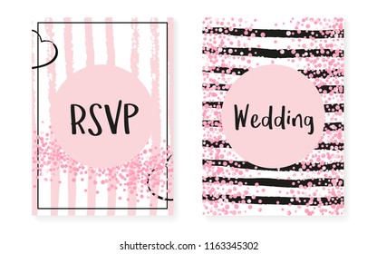 Bridal shower card with dots and sequins. Wedding invitation set with pink glitter confetti. Vertical stripes background. Vintage bridal shower card for party, event, save the date flyer.