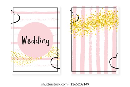 Bridal shower card with dots and sequins. Wedding invitation set with gold glitter confetti. Vertical stripes background. Tender bridal shower card for party, event, save the date flyer.