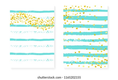 Bridal shower card with dots and sequins. Wedding invitation set with gold glitter confetti. Vertical mint stripes background. Creative bridal shower card for party, event, save the date flyer