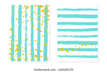 Bridal shower card with dots and sequins. Wedding invitation set with gold glitter confetti. Vertical turquoise stripes background. Vintage bridal shower card for party, event, save the date flyer