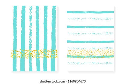 Bridal shower card with dots and sequins. Wedding invitation set with gold glitter confetti. Vertical mint stripes background. Stylish bridal shower card for party, event, save the date flyer