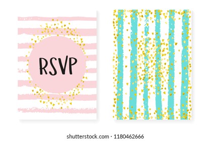 Bridal shower card with dots and sequins. Wedding invitation set with gold glitter confetti. Vertical stripes background. Stylish bridal shower card for party, event, save the date flyer.