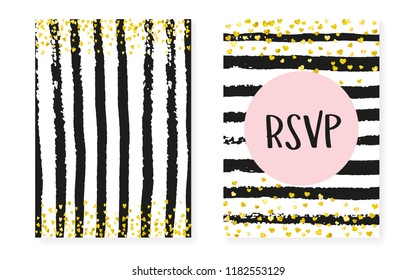 Bridal shower card with dots and sequins. Wedding invitation set with gold glitter confetti. Vertical stripes background. Fashion bridal shower card for party, event, save the date flyer.
