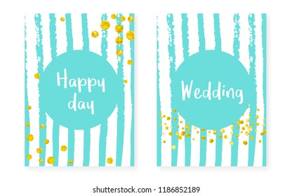 Bridal shower card with dots and sequins. Wedding invitation set with gold glitter confetti. Vertical stripes background. Vintage bridal shower card for party, event, save the date flyer.