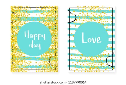 Bridal shower card with dots and sequins. Wedding invitation set with gold glitter confetti. Vertical mint stripes background. Luxury bridal shower card for party, event, save the date flyer