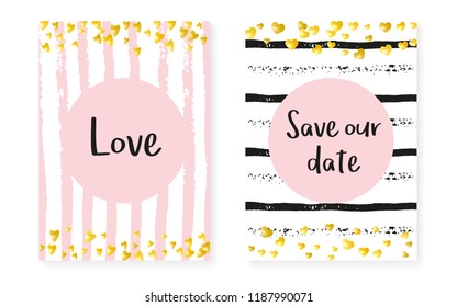 Bridal shower card with dots and sequins. Wedding invitation set with gold glitter confetti. Vertical stripes background. Creative bridal shower card for party, event, save the date flyer.