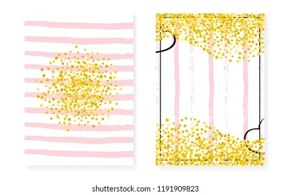 Bridal shower card with dots and sequins. Wedding invitation set with gold glitter confetti. Vertical stripes background. Tender bridal shower card for party, event, save the date flyer.