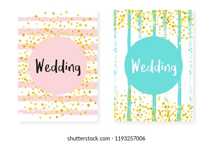 Bridal shower card with dots and sequins. Wedding invitation set with gold glitter confetti. Vertical stripes background. Fashion bridal shower card for party, event, save the date flyer.