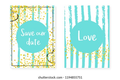 Bridal shower card with dots and sequins. Wedding invitation set with gold glitter confetti. Vertical turquoise stripes background. Creative bridal shower card for party, event, save the date flyer