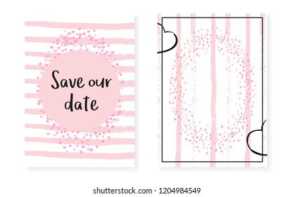 Bridal shower card with dots and sequins. Wedding invitation set with pink glitter confetti. Vertical stripes background. Tender bridal shower card for party, event, save the date flyer.