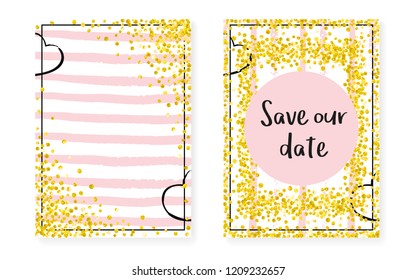 Bridal shower card with dots and sequins. Wedding invitation set with gold glitter confetti. Vertical stripes background. Tender bridal shower card for party, event, save the date flyer.