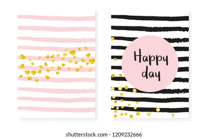 Bridal shower card with dots and sequins. Wedding invitation set with gold glitter confetti. Vertical stripes background. Trendy bridal shower card for party, event, save the date flyer.