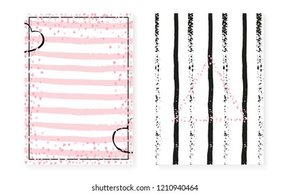 Bridal shower card with dots and sequins. Wedding invitation set with pink glitter confetti. Vertical stripes background. Tender bridal shower card for party, event, save the date flyer.