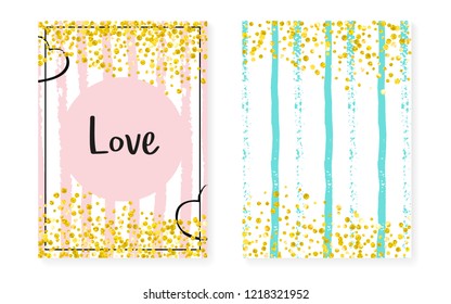 Bridal shower card with dots and sequins. Wedding invitation set with gold glitter confetti. Vertical stripes background. Fashion bridal shower card for party, event, save the date flyer.