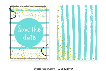 Bridal shower card with dots and sequins. Wedding invitation set with gold glitter confetti. Vertical mint stripes background. Stylish bridal shower card for party, event, save the date flyer
