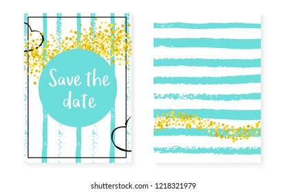 Bridal shower card with dots and sequins. Wedding invitation set with gold glitter confetti. Vertical turquoise stripes background. Tender bridal shower card for party, event, save the date flyer