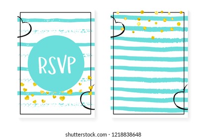 Bridal shower card with dots and sequins. Wedding invitation set with gold glitter confetti. Vertical turquoise stripes background. Trendy bridal shower card for party, event, save the date flyer