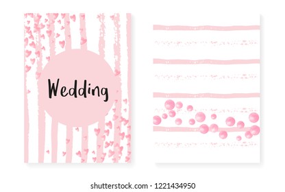Bridal shower card with dots and sequins. Wedding invitation set with pink glitter confetti. Vertical stripes background. Elegant bridal shower card for party, event, save the date flyer.