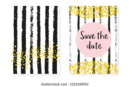 Bridal shower card with dots and sequins. Wedding invitation set with gold glitter confetti. Vertical stripes background. Elegant bridal shower card for party, event, save the date flyer.