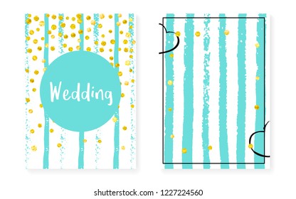 Bridal shower card with dots and sequins. Wedding invitation set with gold glitter confetti. Vertical stripes background. Hipster bridal shower card for party, event, save the date flyer.